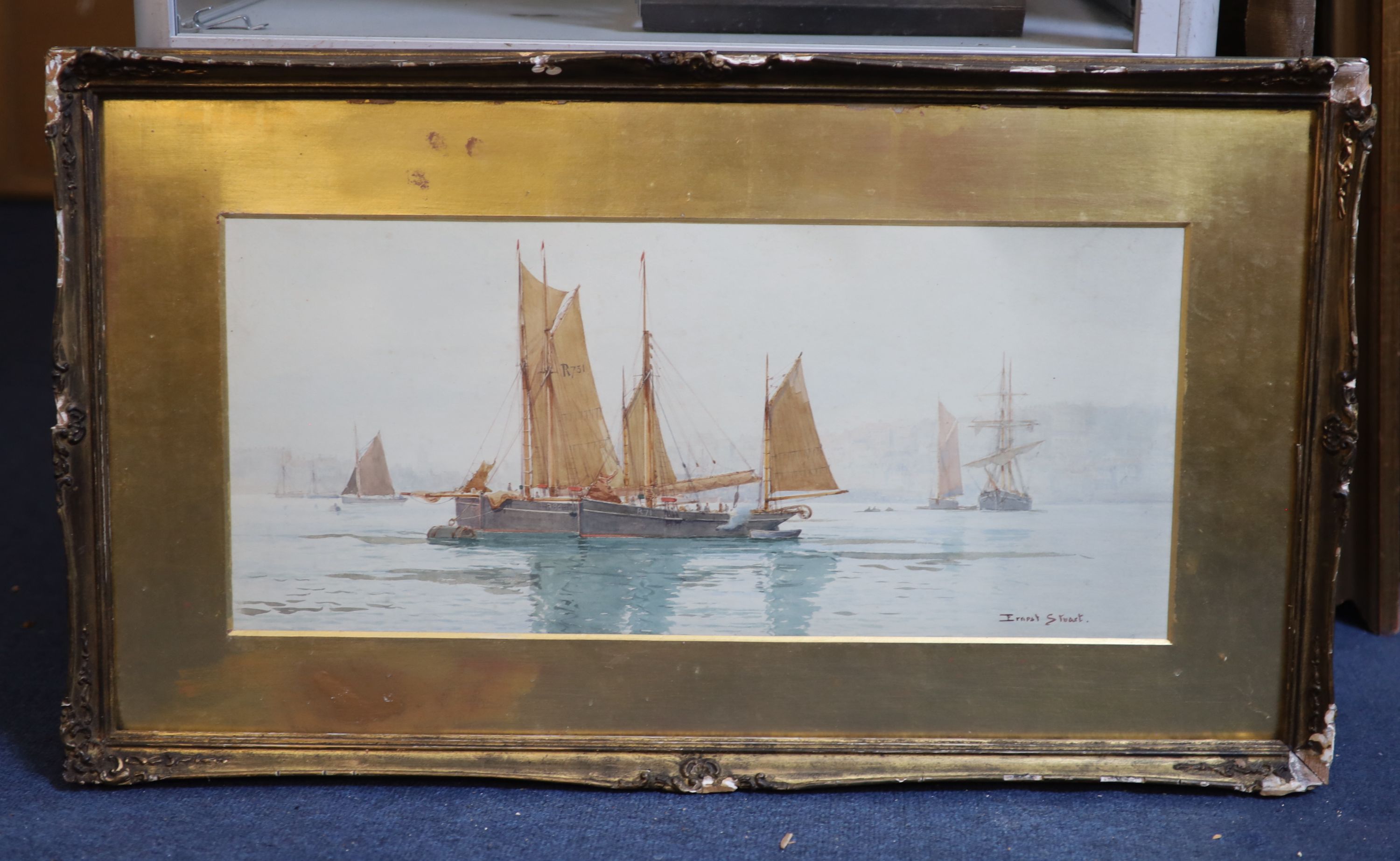 Ernest Stuart (fl.1889-1915), Sail barges off the coast, Watercolour, 23 x 53 cm.